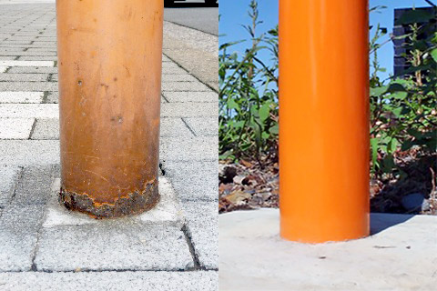 左の従来塗装品は地際部が局部腐食をしてオレンジ色が剥げています。右のグラウンドバリアポールは地際部まできれいなオレンジ色です。